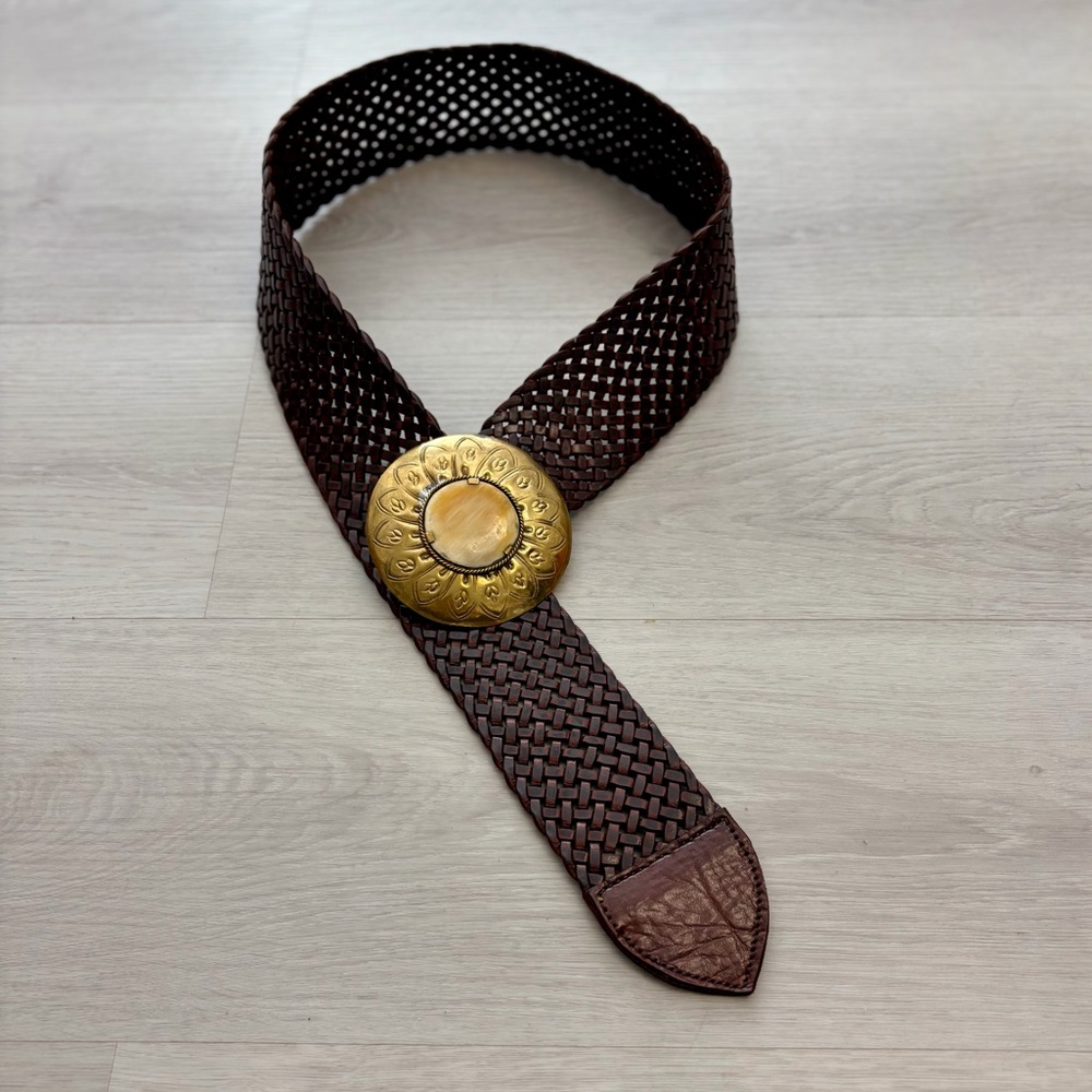 Brown Woven Leather Belt with Gold Buckle